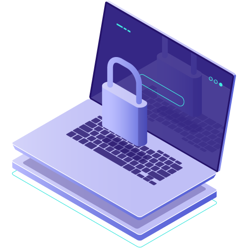 Illustration of a laptop with a lock hovering on top of it referencing cybersecurity.